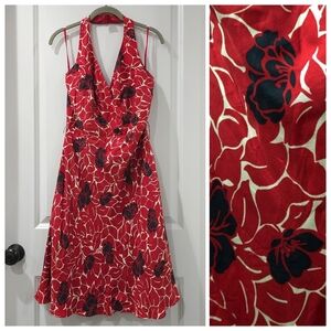 ANN TAYLOR 100% Silk Backless Floral Red Black Halter Dress , Lined, Size 4
